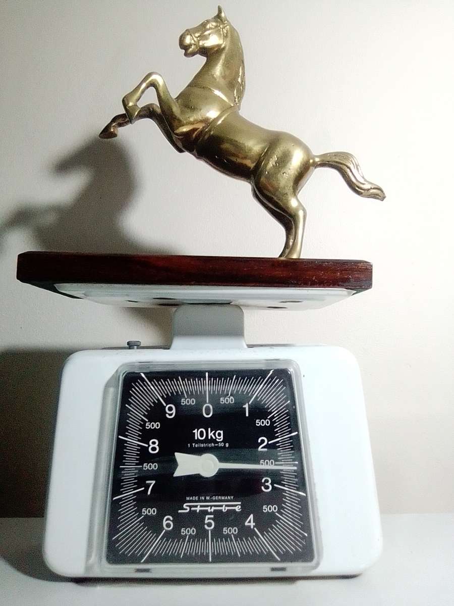 A Old very heavy 2.6Kg Brass Stallion rearing up on wood stand. A Impressive solid Brass horse.