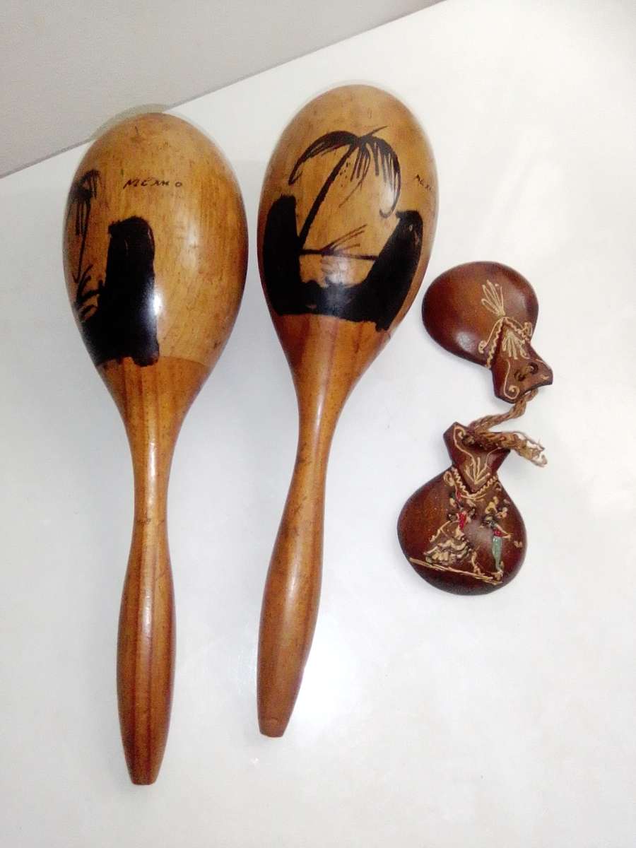 Old Vintage set. 1950's Mexican hand painted Castanets and Maracas and two  stick's..