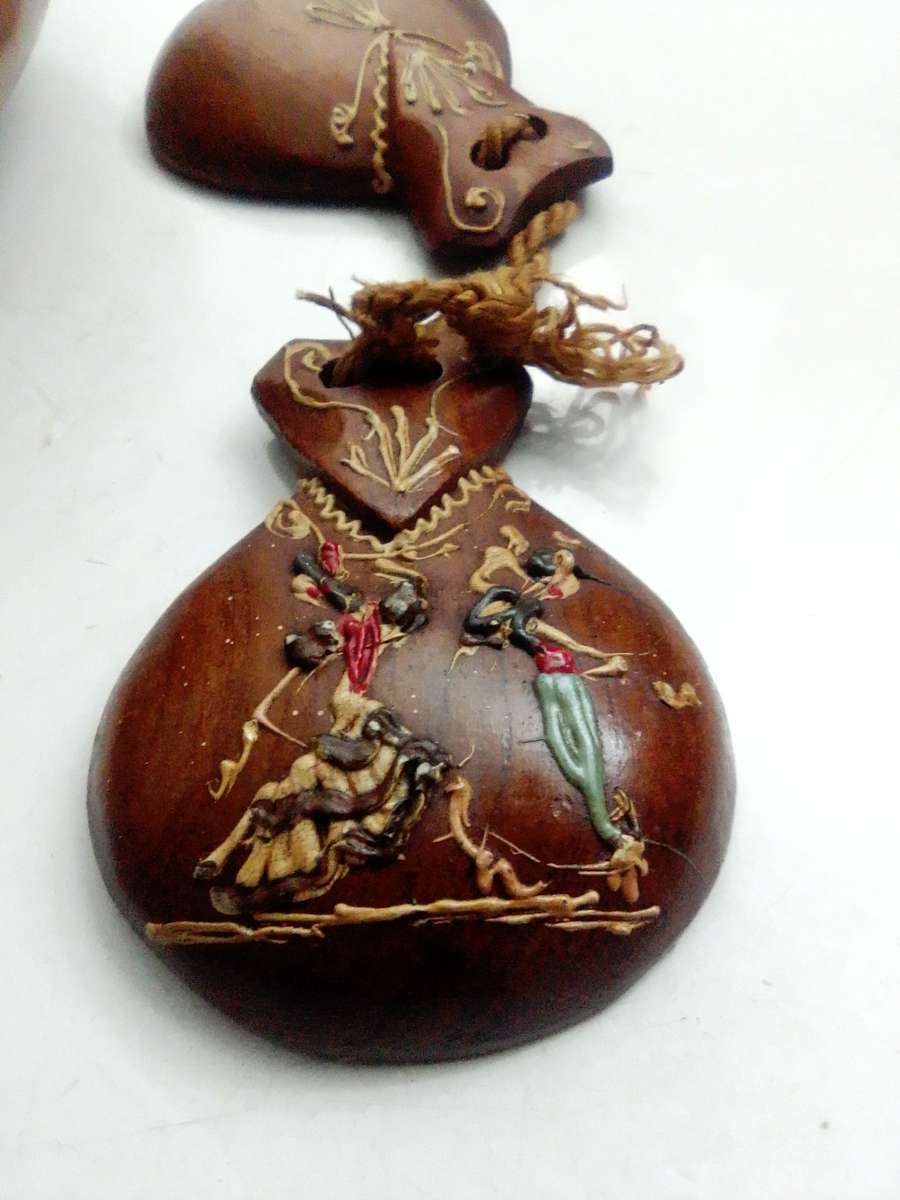 Old Vintage set. 1950's Mexican hand painted Castanets and Maracas and two  stick's..