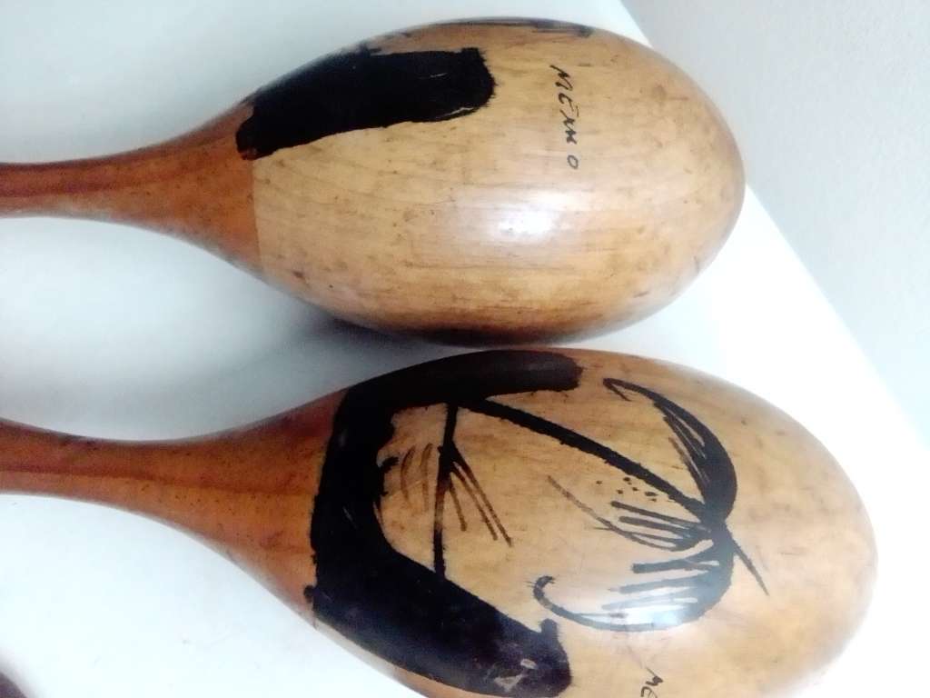 Old Vintage set. 1950's Mexican hand painted Castanets and Maracas and two  stick's..