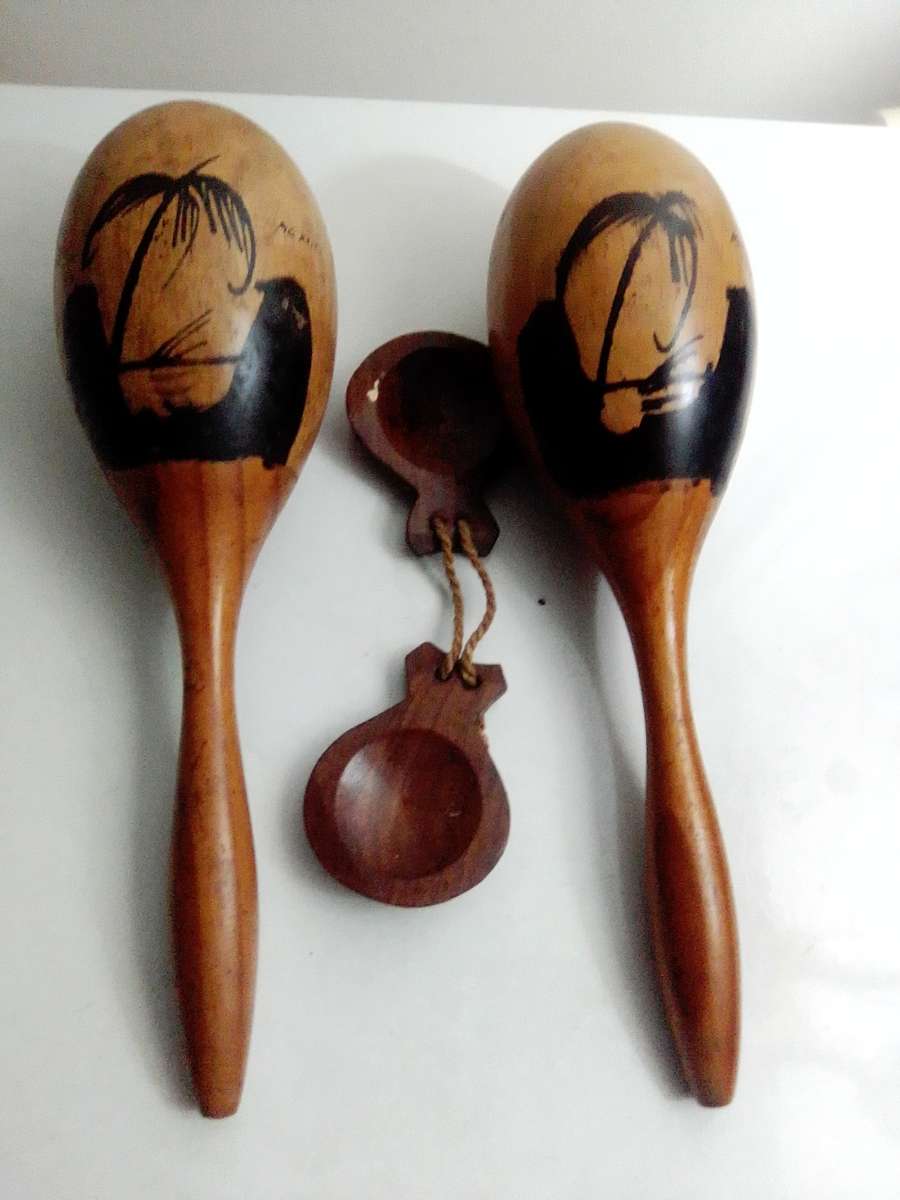 Old Vintage set. 1950's Mexican hand painted Castanets and Maracas and two  stick's..