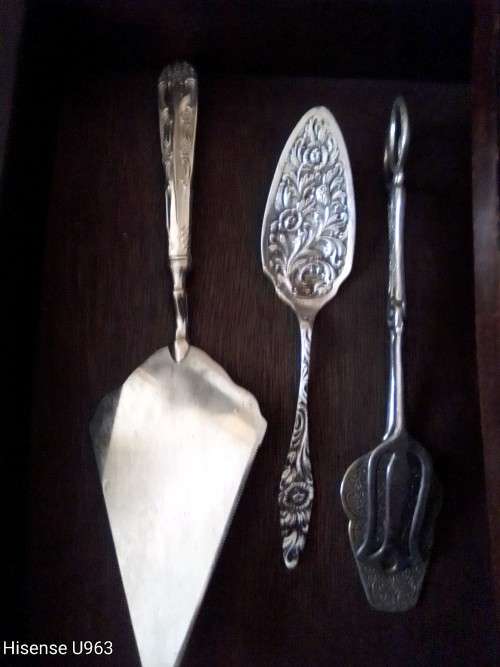 A Beautiful large vintage Two Draw Cutlery Cabernet.Plus 2 set's Wedding Cake Utensils