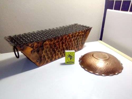 Antique Hand beaten solid Copper trough Planter with strong Wire Mesh grid and Serving Dish.