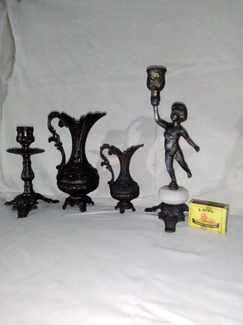 Wow 2 x Bronze Candlesticks {Curb Marble on Bronze marked ITALY} and 2 x ornate Kettles {one Marked}
