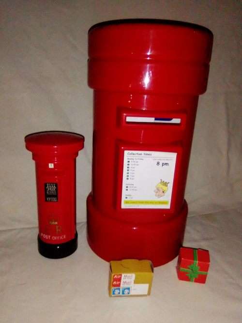 2 x Red Toy Post Office Royal Mail Money Banks. Size: Big one 35cm , Small one 20cm Tall.