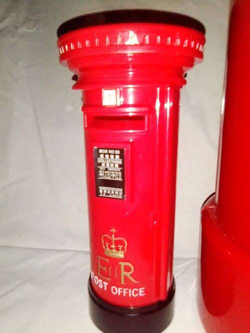 2 x Red Toy Post Office Royal Mail Money Banks. Size: Big one 35cm , Small one 20cm Tall.