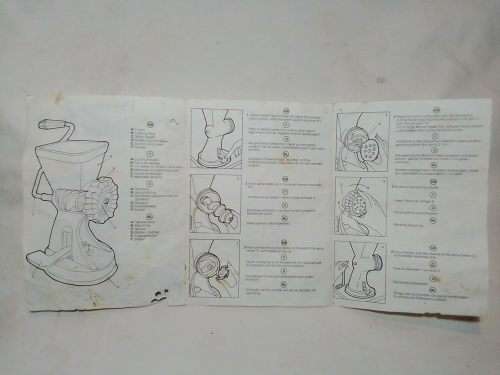 In Good working order. Original box. Prestage Mincer made in ITALY. hand driven, table suction.