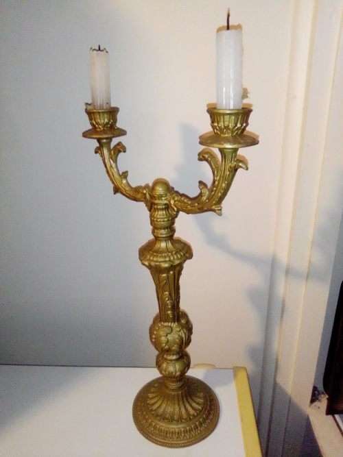 QUITE A FIND. A Unusual and Beautiful Victorian 2 arm in gold colour Candlestick 44cm Tall