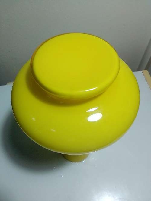 A Large Empoli Glass Hand Blowen with Handle stamped made in ITALY Yellow Vase 31.5cm long vase.