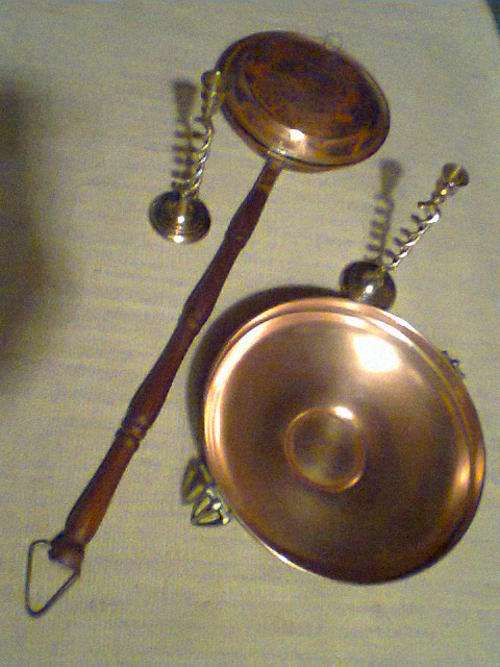 2x 1920's  Brass Open Twist Candel Sticks,A Copper Centre Piece, Victorian Bed Pan. Post R80 +2% Ins