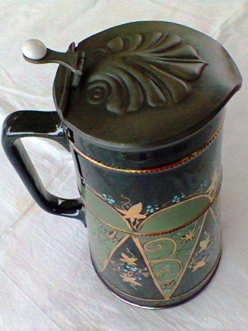 A very old Blue ENEMAL GLAZE URN  with 24ct Gold edging on the patern & pewter Lid, 23cm Tall .