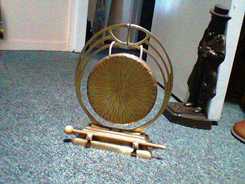 A OLD Large Brass Vintage Dinner Gong with striker & Castiron inner foot marked W. T. & S.