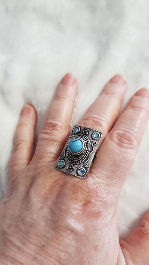 Adjustable Aztec ring with Turquoise & Topaz