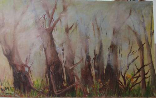 MISTY MORNING''trees''   Oils on Panel. med size.  **Easter Clearance**         Trees in mist