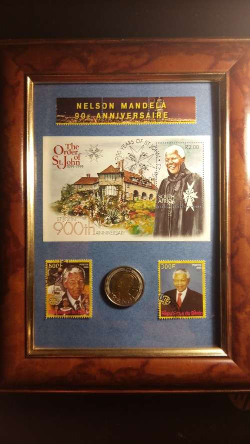 Mandela 90th Birthday combo in frame: R5 uncirculated coin and order of St John rare stamp