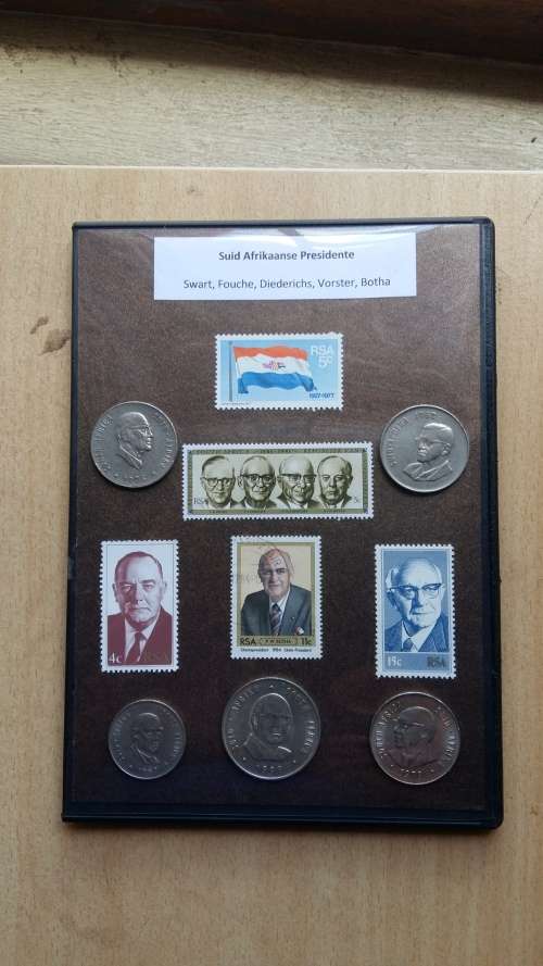 South African Presidents coins and stamps: Swart, Vorster, Fouche, Diederichs, Botha