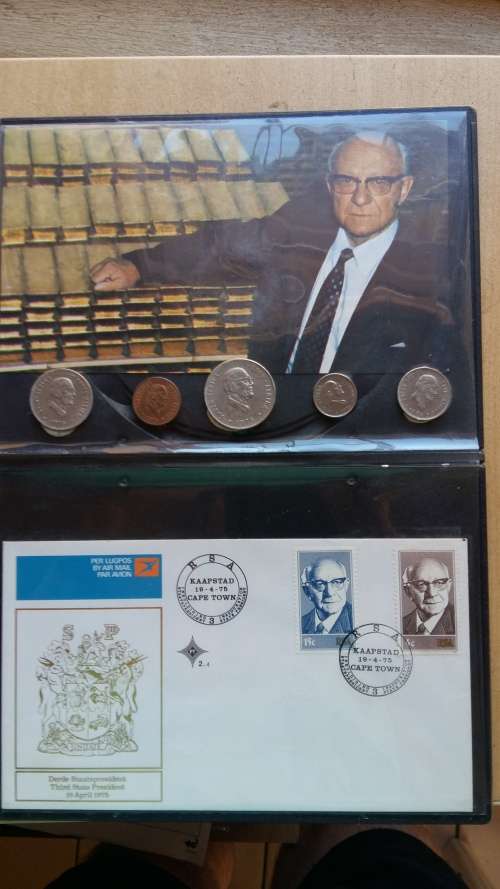 President Jim Fouche Amptelike Gedenk Koevert en 1976 Fouche 50c, 20c,10c, 5c en 1c munte