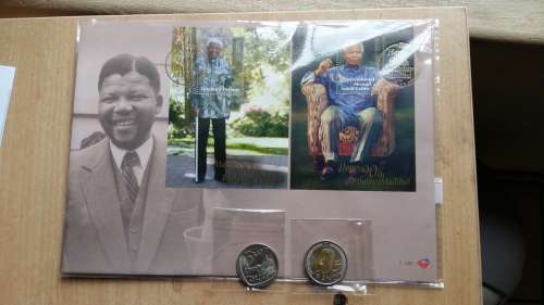 Mandela 90th Birthday official stamps and R5 coin with Inauguration R5 - Uncirculated!