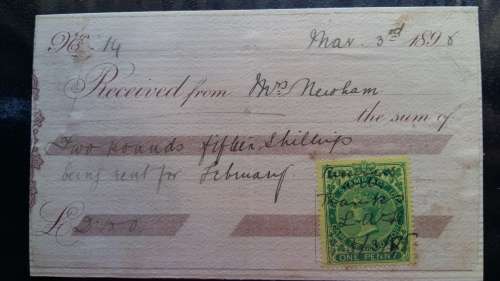 Zuid Afrikaanse Rupubliek - Receipt March 3rd 1896 with Green One Penny Good Hope(Stamp act 1864)