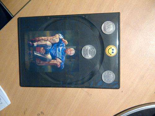 Inauguration 1994 R5 coin,  2 x ten years of freedom R2 coins, Sitting Mandela 90th Birthday stamp