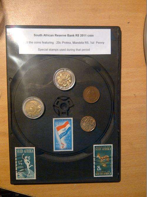 SARB R5 90th anniversary with 3 of the coins featuring on it: R5 Mandela, 1/4d and 20c protea