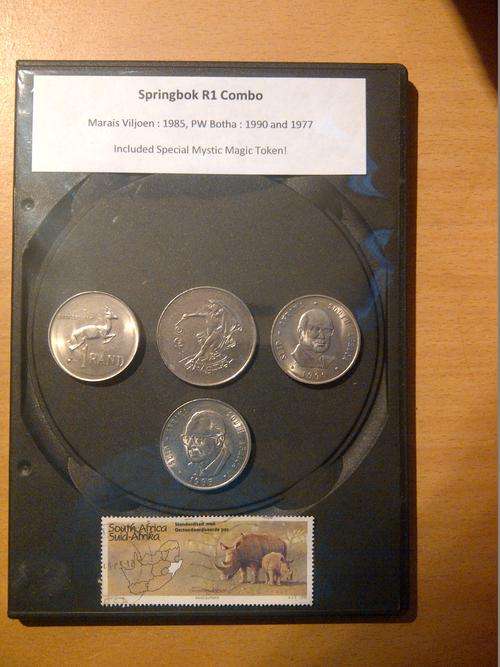 Springbok R1 Coins : 1985, 1990, 1977 and Mystic Magic Token! Rhino stamp rare!