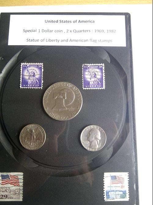 Amnerica : One Dollar coin , 2 x Quarters ( 1969, 1982) - special stamps Flag and Statue of Liberty