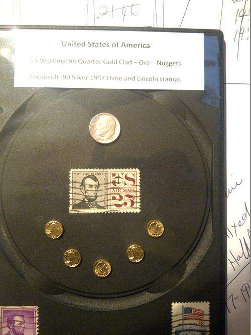 U S A : 5 x Quarter Washington Gold Clad coins, 1957 Roosevelt Dime , special Lincoln Stamps