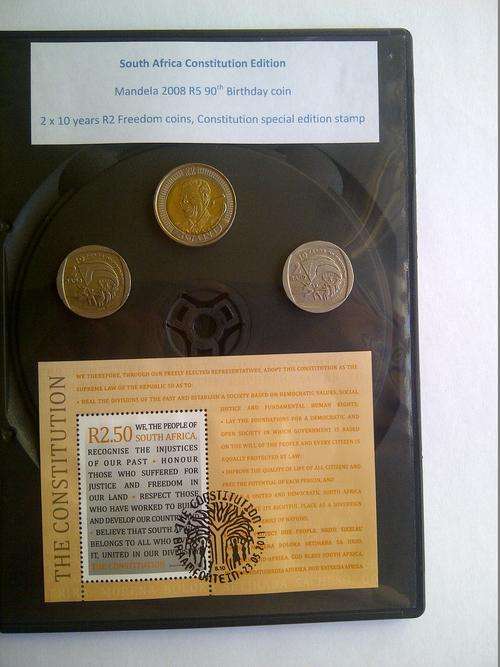 Constitution Special: Mandela 90th Birthday 2008 R5 coin, 2 x ten years of Freedom R2 coins, stamp