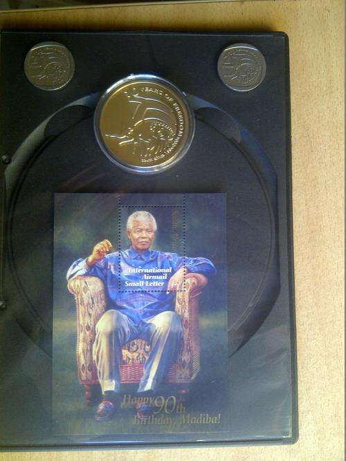 Mandela Combo: Ten years of Freedom Gold clad plated coin, 2 x R2 Freedom coins, 90th birthday stamp