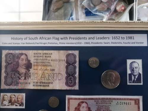 Old South African flag, notes , coins and leaders flag : 1652 to 1981