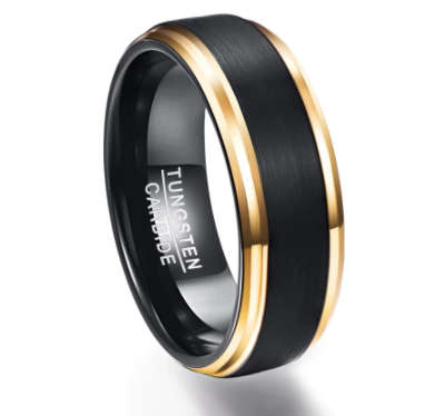 The 8mm Black And Gold Tungsten Mens Ring
