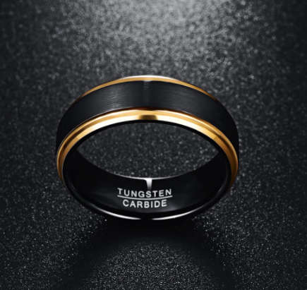 The 8mm Black And Gold Tungsten Mens Ring