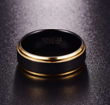 The 8mm Black And Gold Tungsten Mens Ring