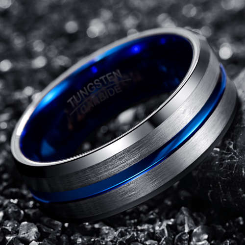 The 8mm Indigo Stripe Mens Tungsten Ring