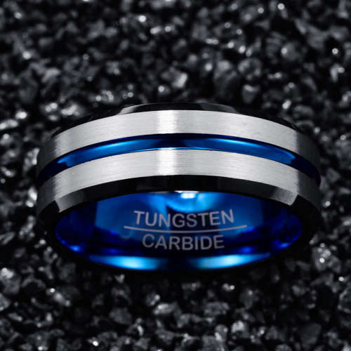 The 8mm Indigo Stripe Mens Tungsten Ring