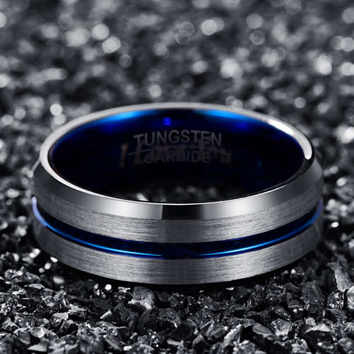 The 8mm Indigo Stripe Mens Tungsten Ring