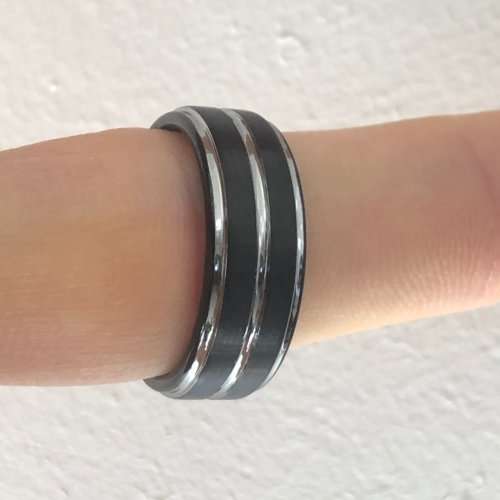 The 8mm Double Black Stripe Mens Tungsten Ring
