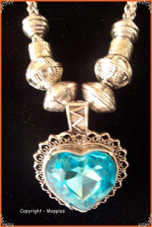 Turquoise Crystal Heart  pendant and chain - Tibetian Silver