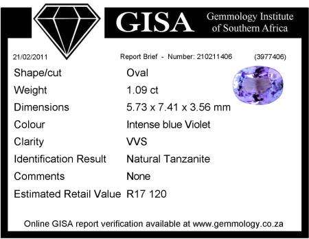 Intense blue Violet***G.I.S.A. CERTIFIED*** 1.09ct VVS[R17 120] TANZANITE STARTING AT R1