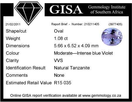 Moderate- Intense blue Violet ***G.I.S.A. CERTIFIED*** 1.08ct VVS [R15 035] TANZANITE STARTING AT R1