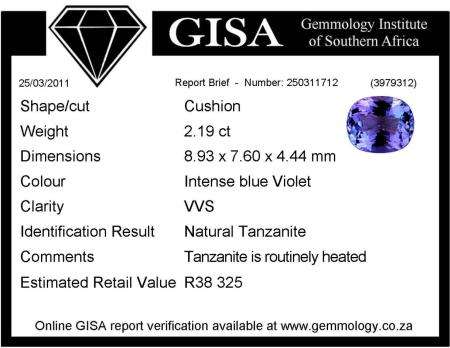 ***G.I.S.A. CERTIFIED*** Intense blue Violet  2.19ct VVS TANZANITE [ R38 325]