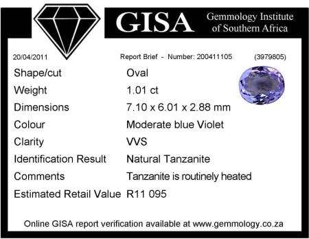 ***G.I.S.A. CERTIFIED***moderate blue violet  1.01ct VVS TANZANITE [ R11,095]