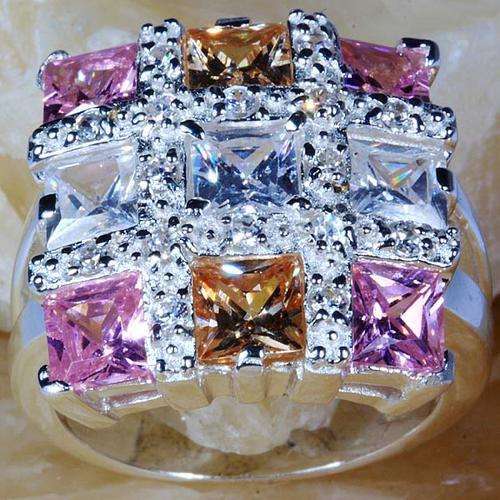 .925 STERLING SILVER MORGANITE/PINK TOPAZ& WHITE CZ RING