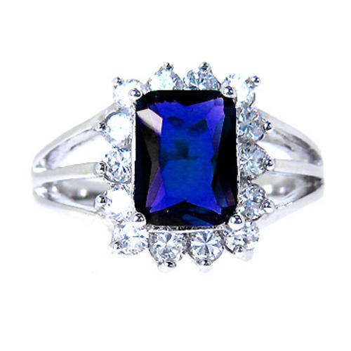 (77)    BLUE SAPPHIRE TOPAZ RHINESTONES WHITE GOLD GP RING 6/M