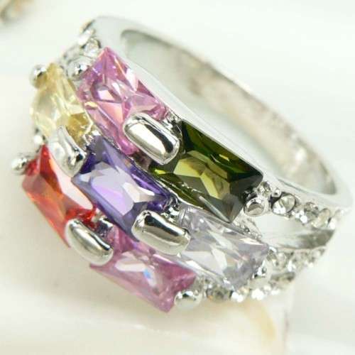 COLORFUL QUARTZ GEM white gold gp new RING sz6