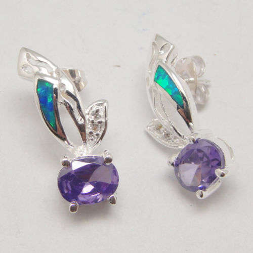 BLUE FIRE OPAL AMETHYST gemtone silver earrings 0.8"