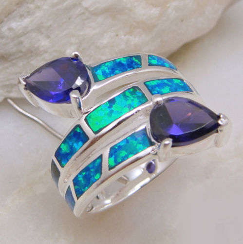 BLUE FIRE OPAL AMETHYST gemstone silver ring #8.5