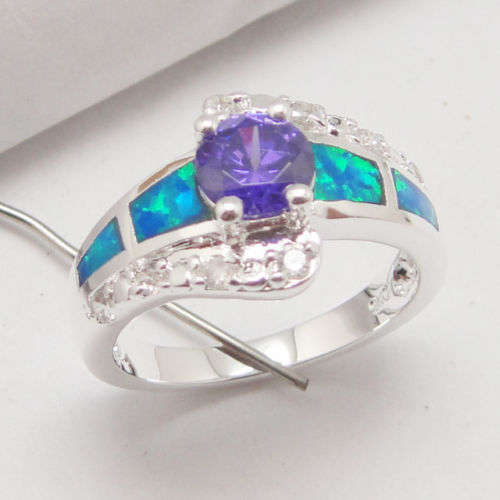 BLUE FIRE OPAL AMETHYST gemstone silver ring #6.5