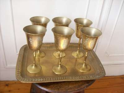 BRASS TRAY & 6 BRASS GOBLETS